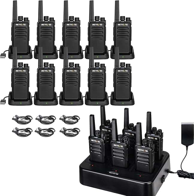 Retevis RT68 Walkie Talkies 16 Pack Bundle with 6 Way Multi Charger and Earpiece 6 Pack, Portable FRS Two-Way Radios Rechargeable, Long Range, Rugged 2 Way Radios for Adults School Church