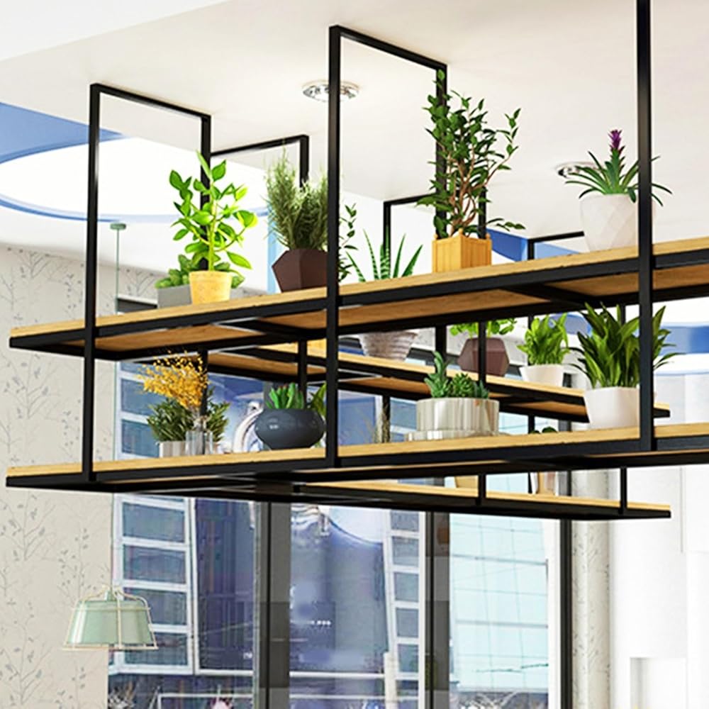 Nordic Ceiling Hanging Shelf Floating Shelves Flower Stand for Home Decorations Kitchen Bar Storage Organizer Pot Pan Rack, Wood and Black Metal Iron Frame (Size : 100x30x80cm)