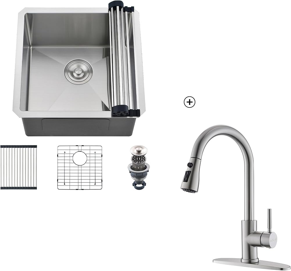 18 x 18 Inch Undermount Kitchen Sink With Pull Down Sprayer Kitchen Faucet, 16 Gauge Single Bowl T-304 Stainless Steel Kitchen Sink