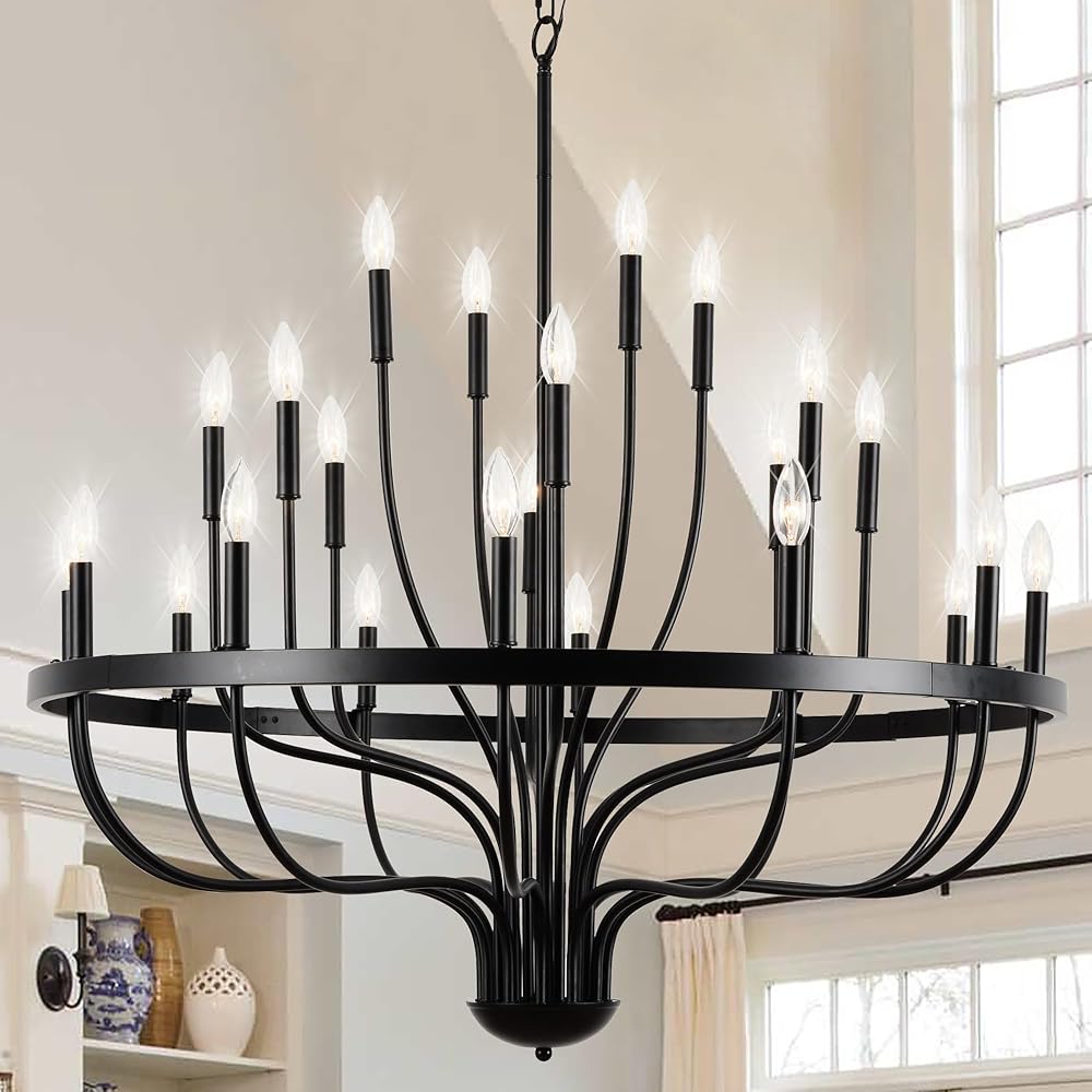 Black Chandelier 24-Light Industrial Iron Candle Chandelier Modern Suspended Farmhouse Chandeliers Pendant Light Fixtures for Dining Room Bedroom Living Room Kitchen Island Foyer E12 Bulb
