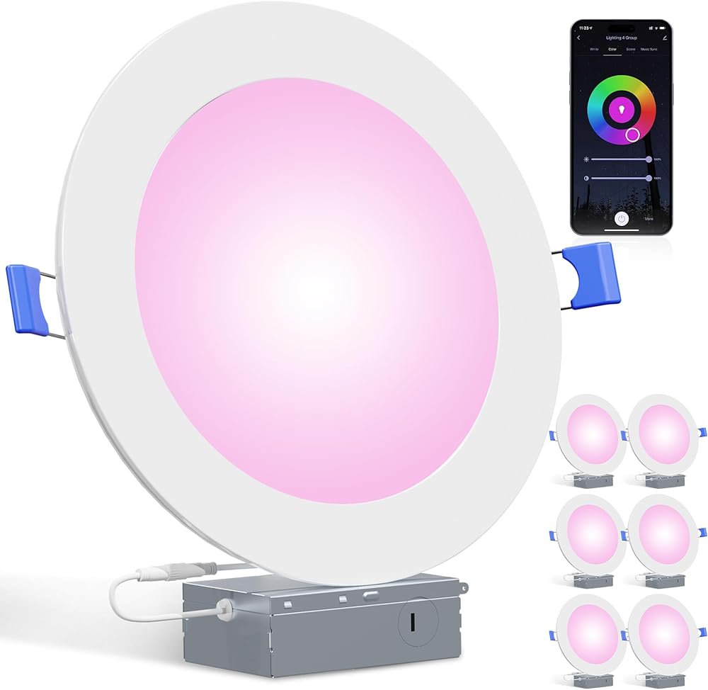 Smart Recessed Lighting 8 Inch - 6 Pack Wi-Fi RGB Color Changing Canless LED Recessed Lights, 18W 1280LM Dimmable Retrofit Recessed Downlight Wafer Lights, Work with Alexa, Google, Siri