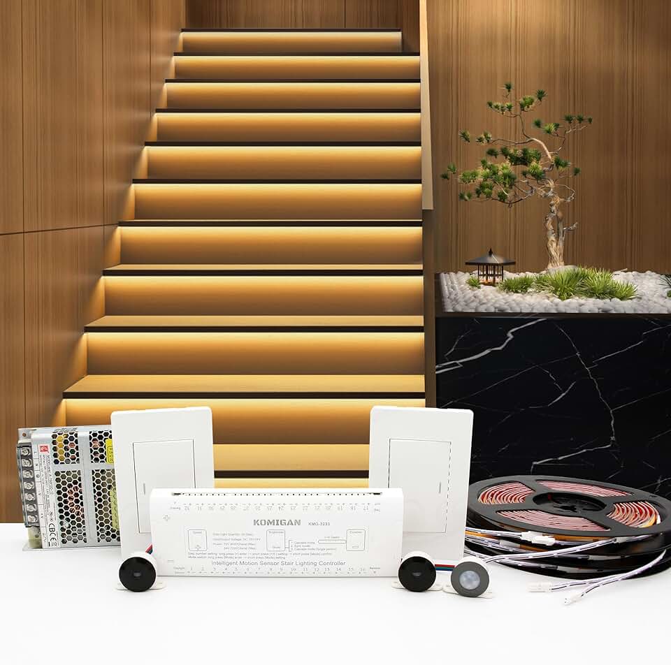 Motion Sensor with Daylight Sensor LED Stair Lighting Kit KMG-3233, 40 Inches Long Cuttable LED Strip Light for Indoor LED Stair Lights (Warm White 3000K, 16 Stairs)