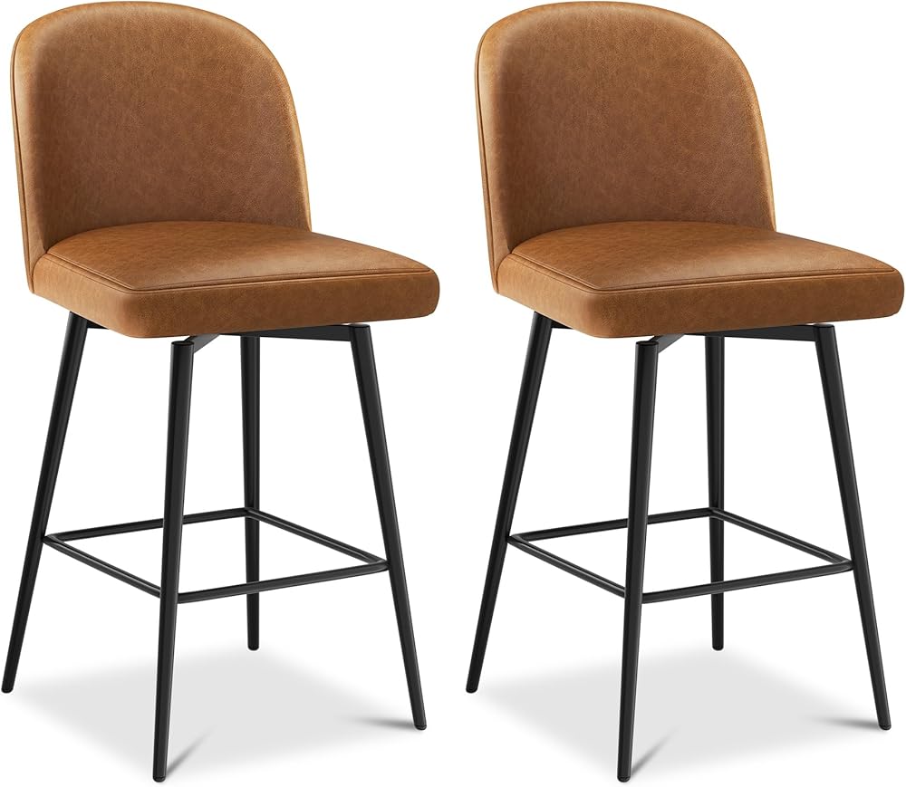 Swivel Bar Stools Set of 2, 26 Inch Faux Leather Counter Height Barstools with Back and Metal Frame, Upholstered Counter Stools for Kitchen Island, Dining Room, Pub, Saddle Brown