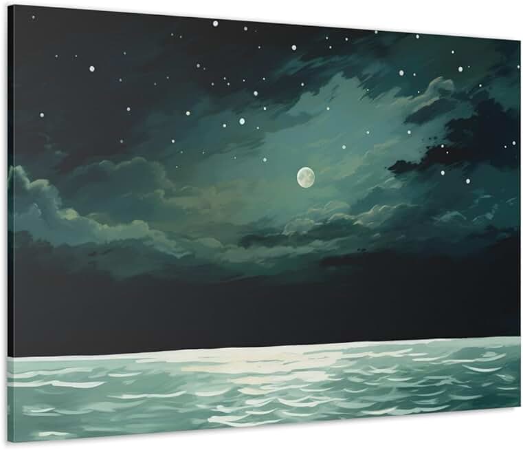 Moonlit Ocean Canvas Art | Starry Night Seascape Print | Nautical Home Decor | Calming Ocean Wall Print | Starlit Shoreline Coastal Decor 48″ x 32″