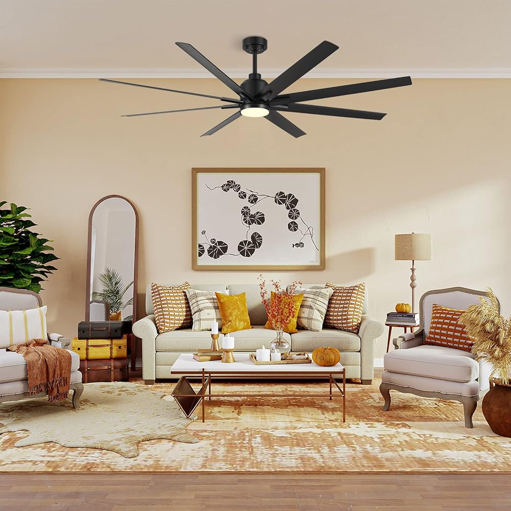 CJOY 72 inch Large Ceiling Fans with Lights and Remote, Black Modern Ceiling Fan for Patio 8 Blades, 6-Speed, Reversible DC Motor, Dimmable LED, Ceiling Fan with 12