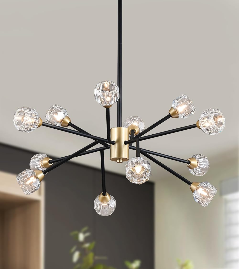 AMZASA Modern Black and Gold Sputnik Pendant Lighting Crystal Chandeliers 12 Lights Mid Century Ceiling Light Fixtures for Dining Room Kitchen Island Living Room Bedroom Bar