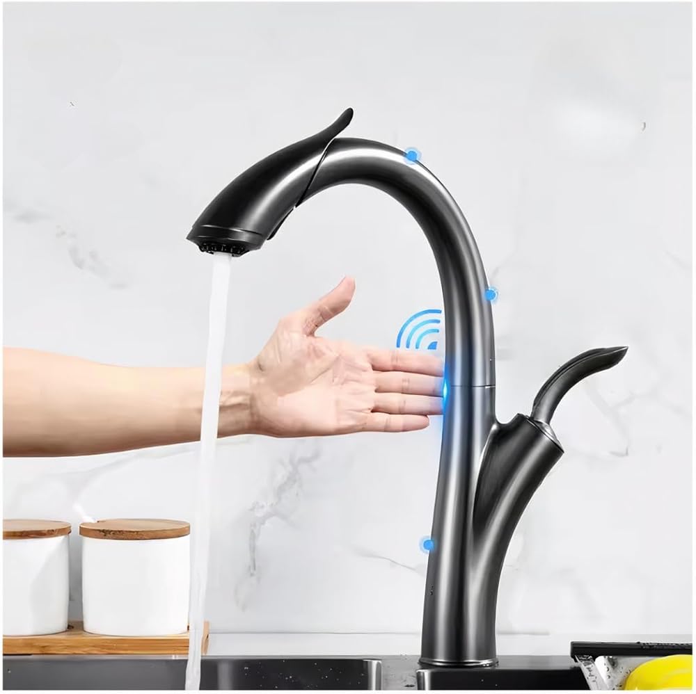 Kitchen Faucet, Modern Gun Metallic Matte Finish, Scratch Resistant,Pull Down Spray Head with Two Spray Modes, Built-in Touch Sensor, 360-degree Swivel, Modern Deck Mount Kitchen Faucet
