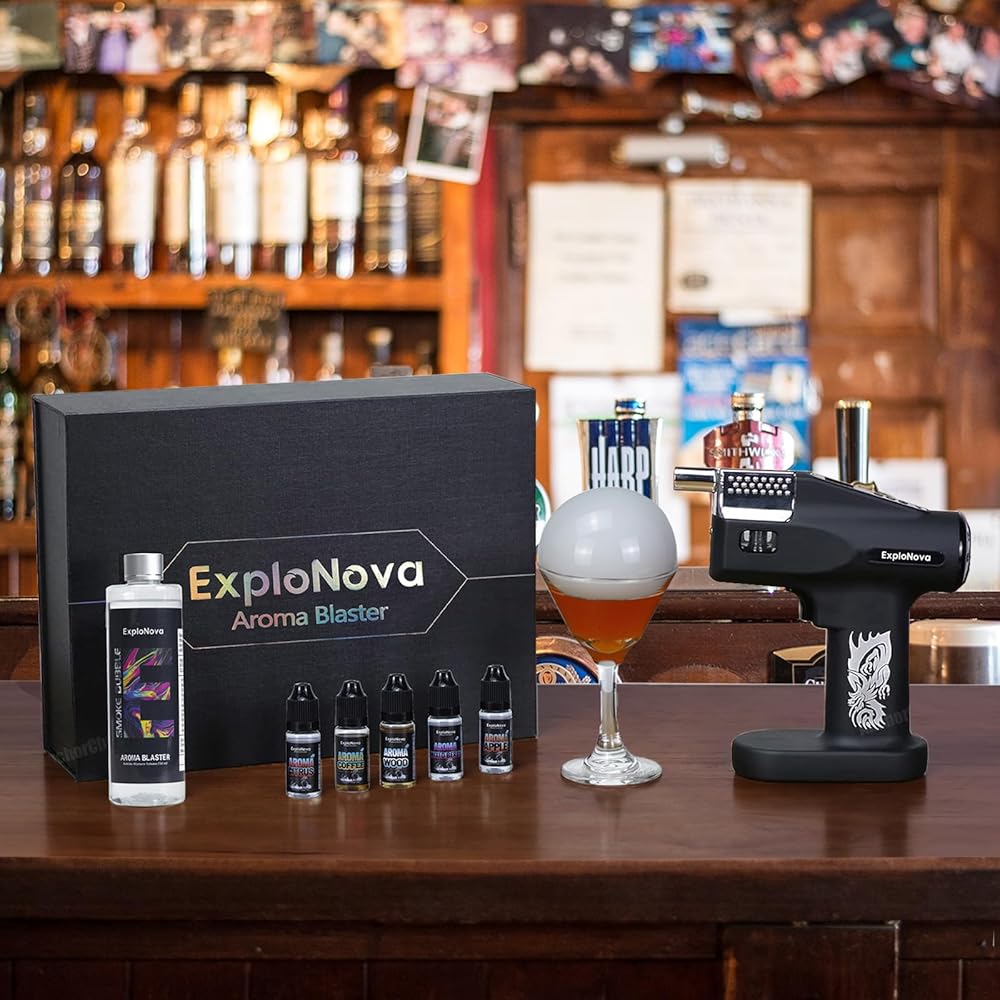 Aroma Blaster Cocktail Gun with 5-Flavour Aroma Oil and Edible Bubble for Enhancing the Flavor of Bourbon, Rum, Vodka, Meat. Perfect for Bars, Restaurants, Home Dinners. Gift for Fathers or Husbands.