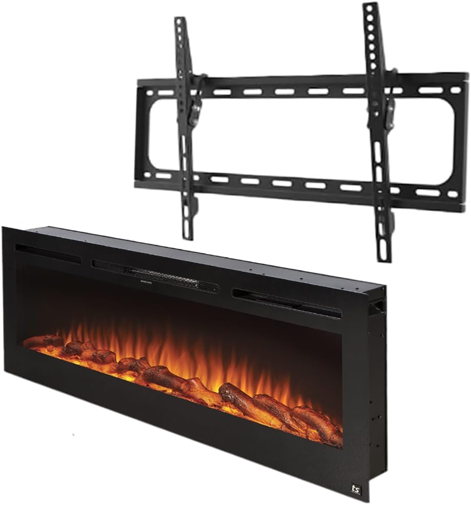 Touchstone Fireplace and TV Mount Bundle - The Sideline™ 60 Inch Wide Smart Electric Fireplace and Low Profile TV Wall Mount Bracket