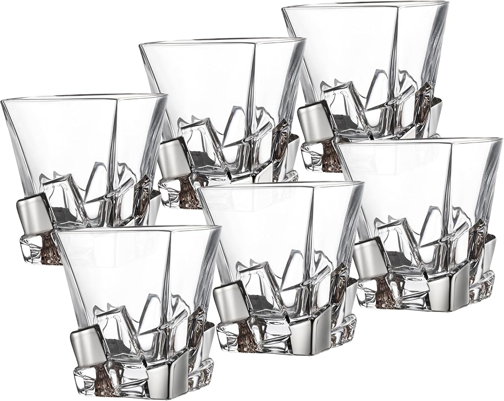 Barski - European Quality Glass - Crystal - Set of 6 - Square Shaped - Double Old Fashioned Tumblers - DOF - 11.7 oz. - with Platinum Ice Cubes Design - Glasses are Made in Europe