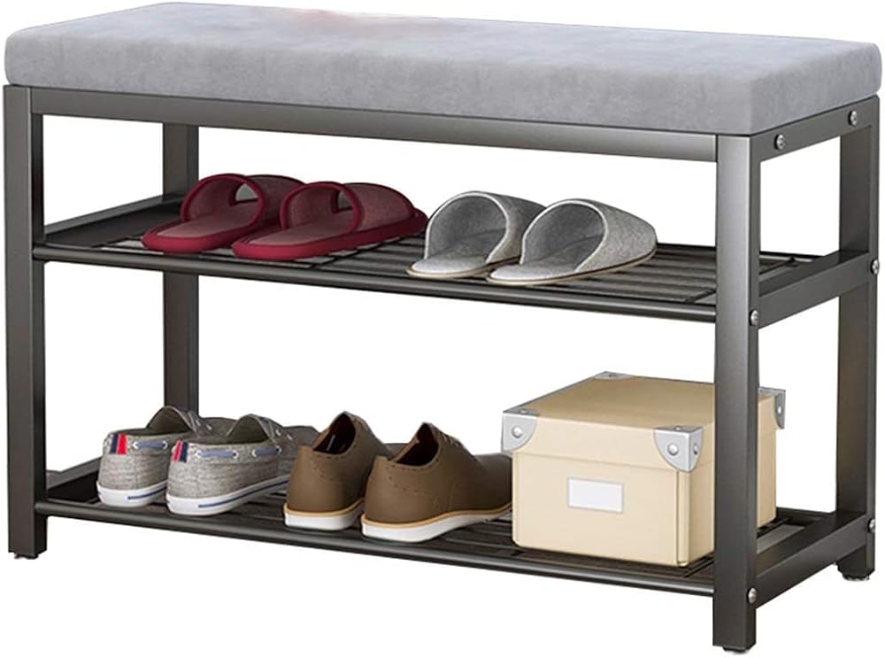 Shoe Storage Bench Entryway Hallway Furniture, Entryway Shoe Rack Simple Wrought Iron Frame, The Shoe-Changing Stool at The Door Has A Comfortable Cushion, Shoe Bench Rack(Black+gray,100*33*43cm)