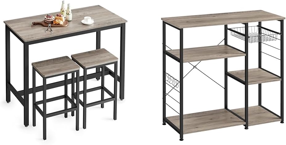 Bar Table Set with 2 Bar Stools, Kitchen Baker's Rack with Steel Frame and Wire Basket, Greige and Black