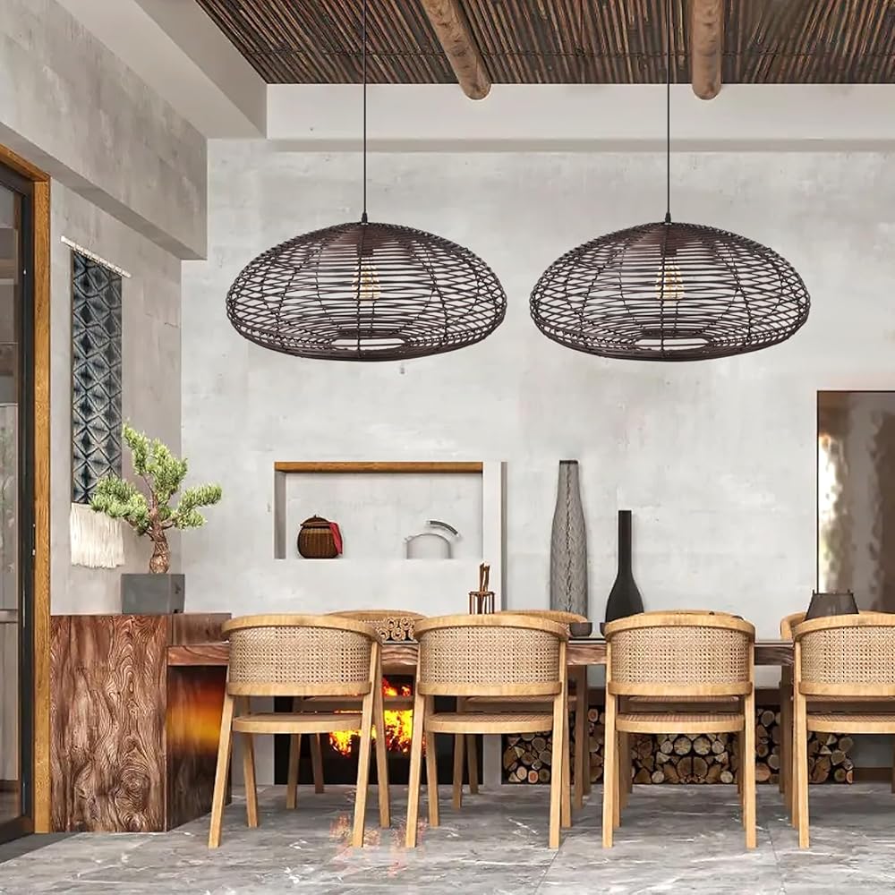 Arturesthome Round Rattan Pendant Lights, Boho Wicker Chandelier Basket Lighting Fixture, Large Natural Woven Hanging Lamp for Kitchen Island Entryway Coffee