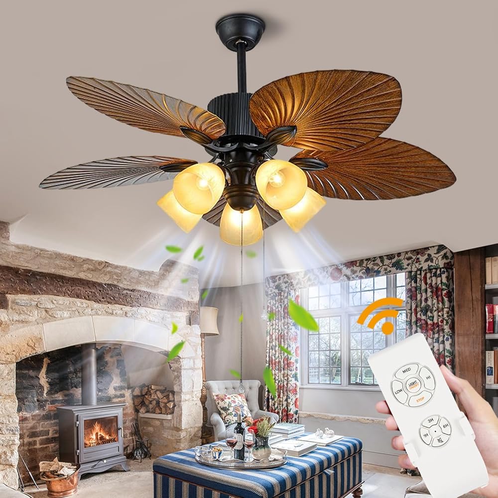 Tropical Ceiling Fans with Lights and Remote, 52 Inch Palm Leaf Fan with 5 Glass Lampshade, Farmhouse Chandelier for Bedroom/Indoor/Outdoor/Living room