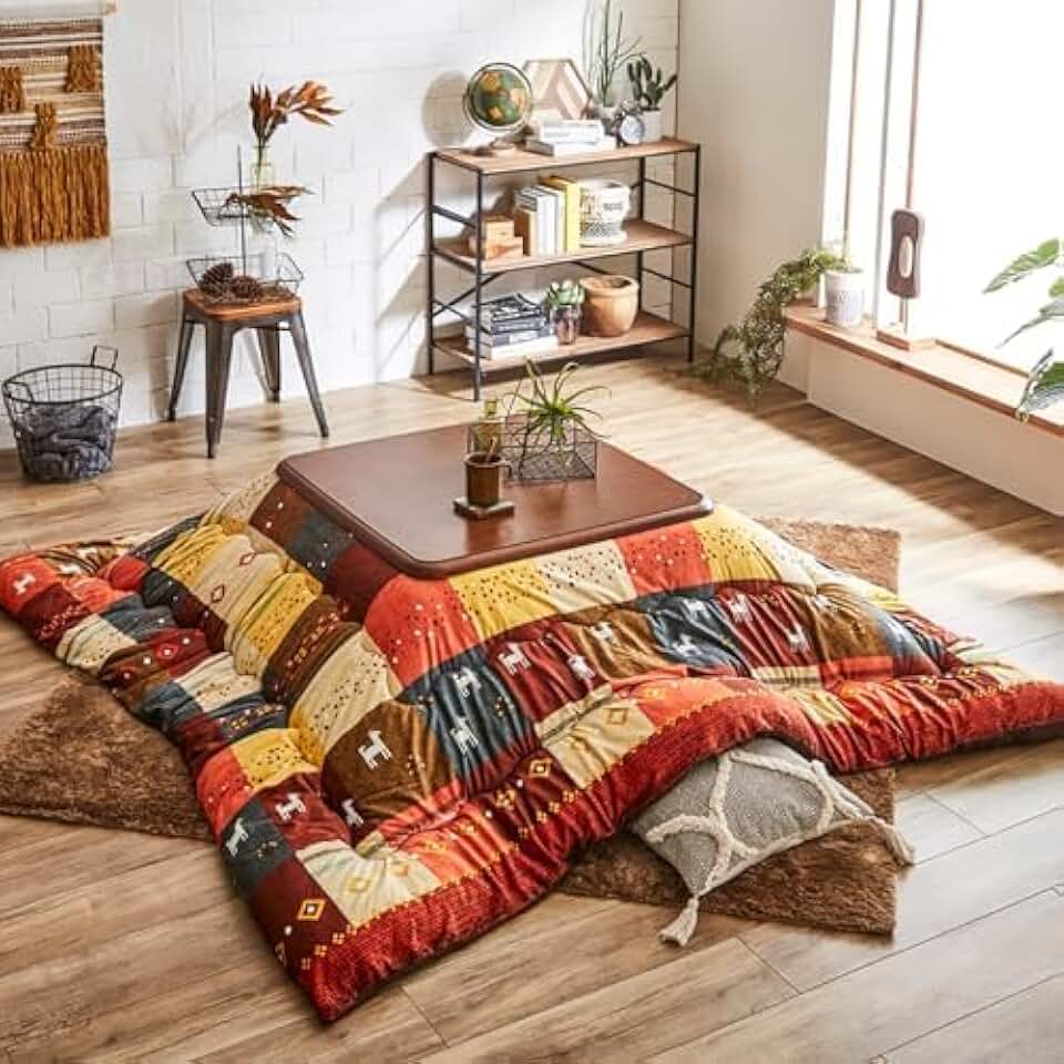 IKEHIKO Kotatsu Futon Comforter, Fluffy Premium Cotton, Kotatsu Fullfy Square Rectangle Shape Red Checkered Heater Table, Japanese Futon Craftsman, Made in Japan 1498 (205×205cm)