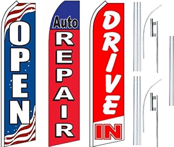 Auto Shop Services Super Flag 3 Pack & Poles-OPEN-Auto Repair-Drive In