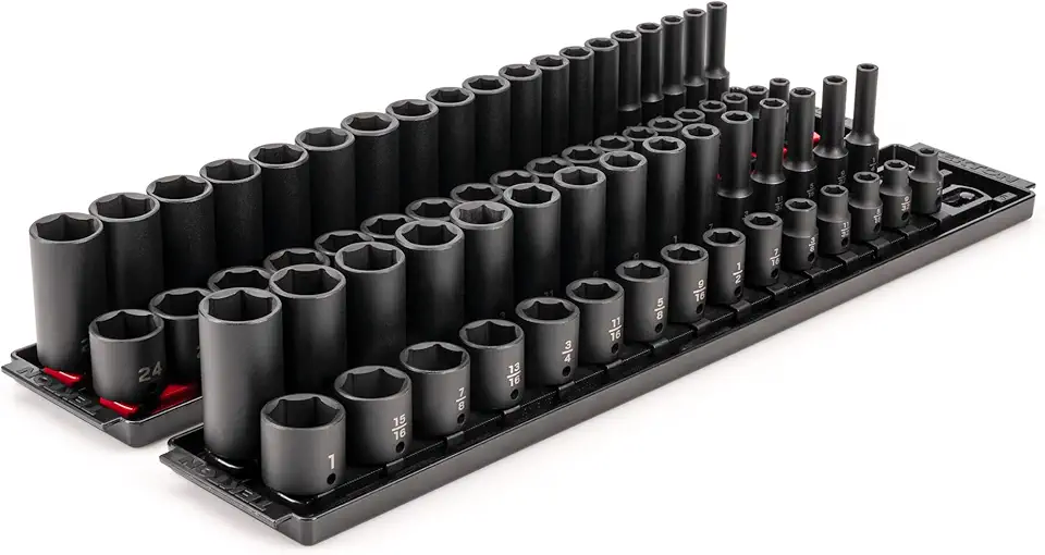 TEKTON 3/8 Inch Drive 6-Point Impact Socket Set with Rails, 68-Piece (1/4-1 in., 6-24 mm) | SID91218