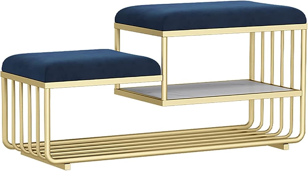 Shoe Storage Bench Entryway Hallway Furniture, Modern Shoe Stool 2 Tiers Sit-on Shoe Rack Metal Bedroom Bed End Stool with Marble Storage Countertop for Hallway Corridor(Dark Blue)