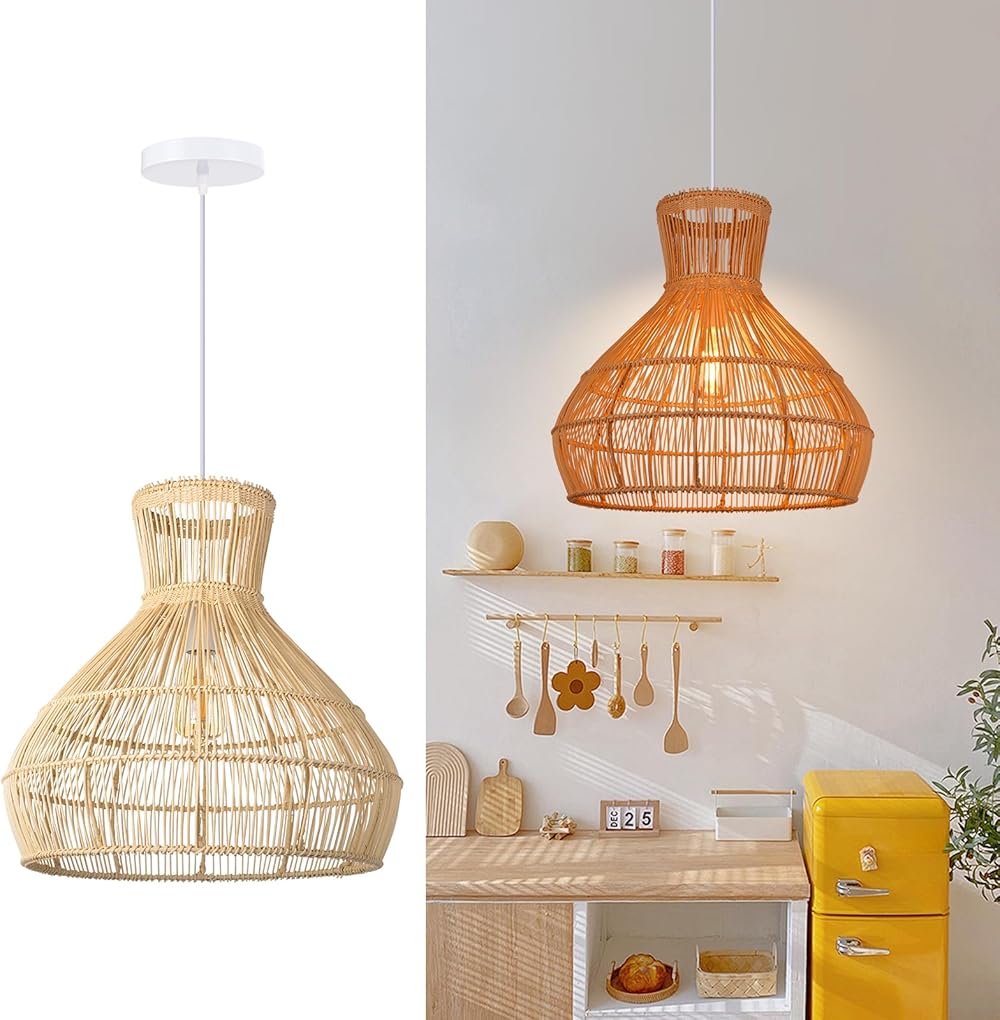 Rattan Pendant Light Creative Wicker Lamp Fixtures Coastal Chandelier Shade for Kitchen Island Bedroom Restaurant Living Room