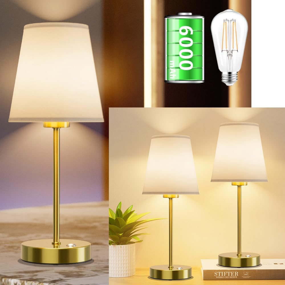 Aipsun 3 Packs Cordless LED Table Lamp 6000mAh Gold Battery Operated Lamp Rechargeable Bedside Table Lamps,Nightstand Lamp with Fabric Linen Shade for Bedroom, Office, Living Room, Reading