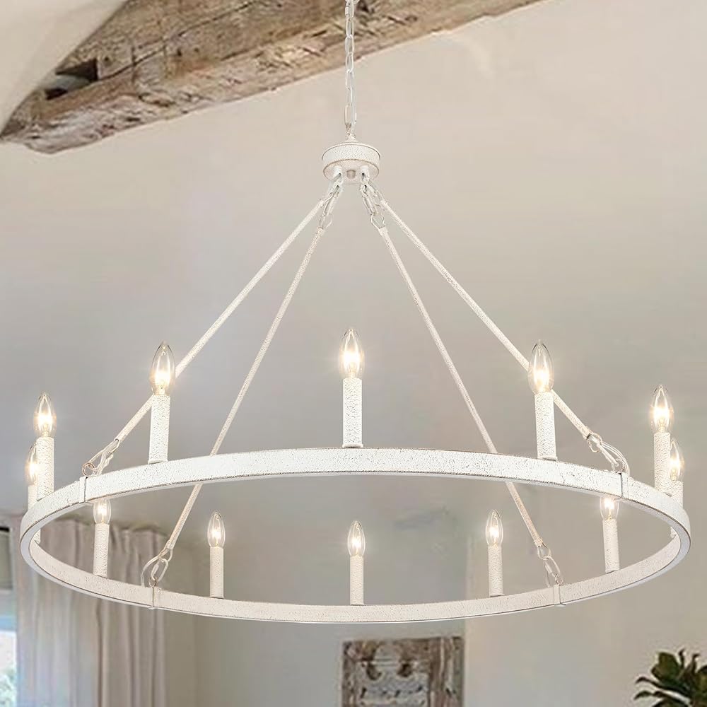 White Chandelier 12 Light Wood Style Wagon Wheel Chandelier Large Chandelier for High Ceilings 38 inch Farmhouse Chandelier Outdoor Round Chandelier Living Room Foyer Entryway