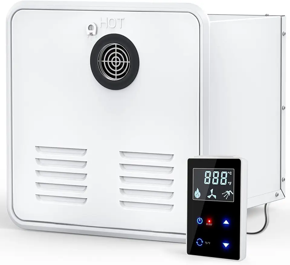 RV Tankless Water Heater, with 15 x 15 inches White Door and Remote Controller, DC 12V, Best High Altitude Performance, Ideal for RVers' Daily use