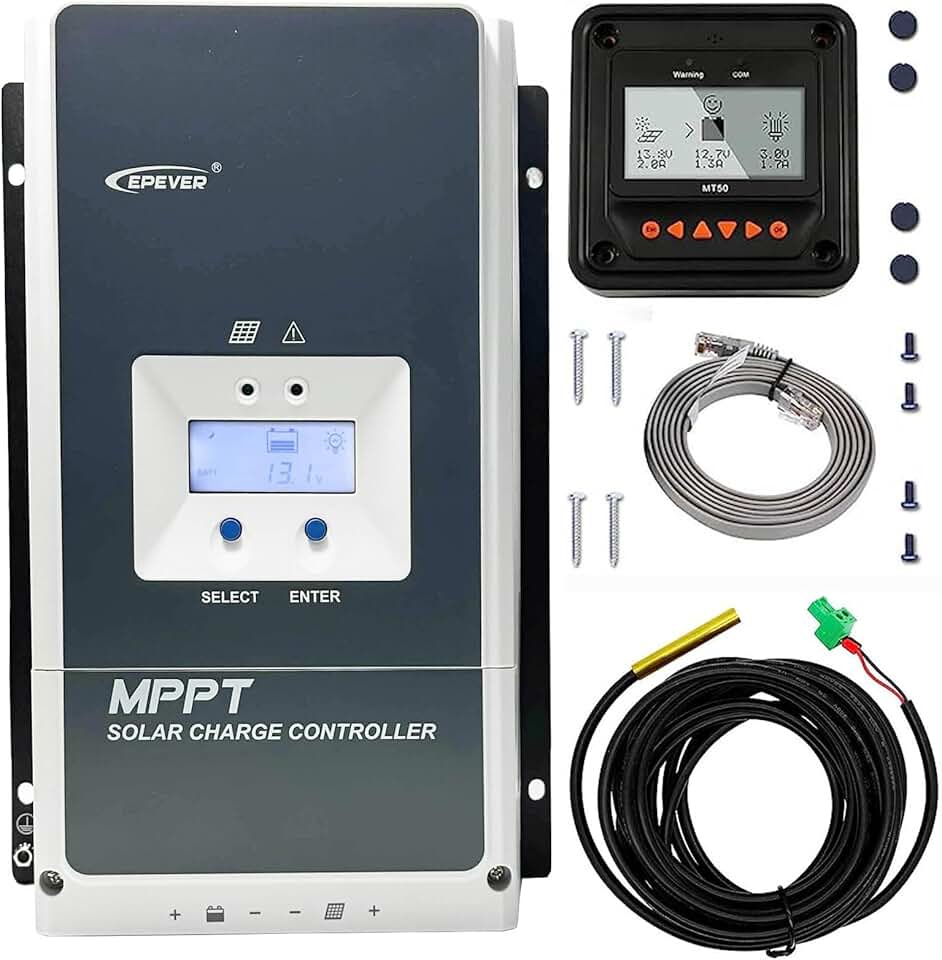 EPEVER 60A 12/24/36/48V Auto Identify MPPT Solar Charge Controller with Remote Control of LCD Display(MT50) Temperature Sensor Support Lithium Gel Sealed and Flooded Battery
