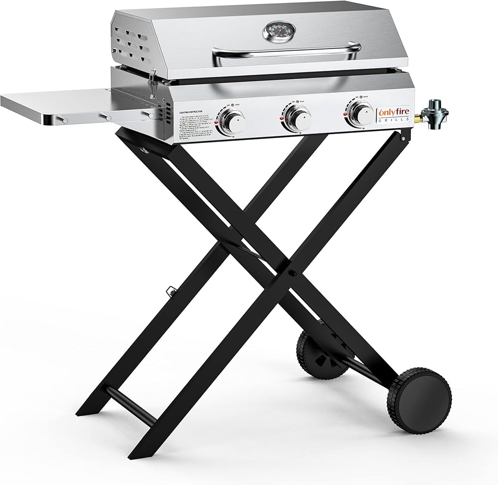 Onlyfire Portable BBQ Gas Griddle 3-Burner with Foldable Cart & Side Table, Stainless Steel Flat Top Gas Grill Griddle Stove with Lid, for Outdoor Cooking Patio Backyard Camping RV Tailgating, GS310