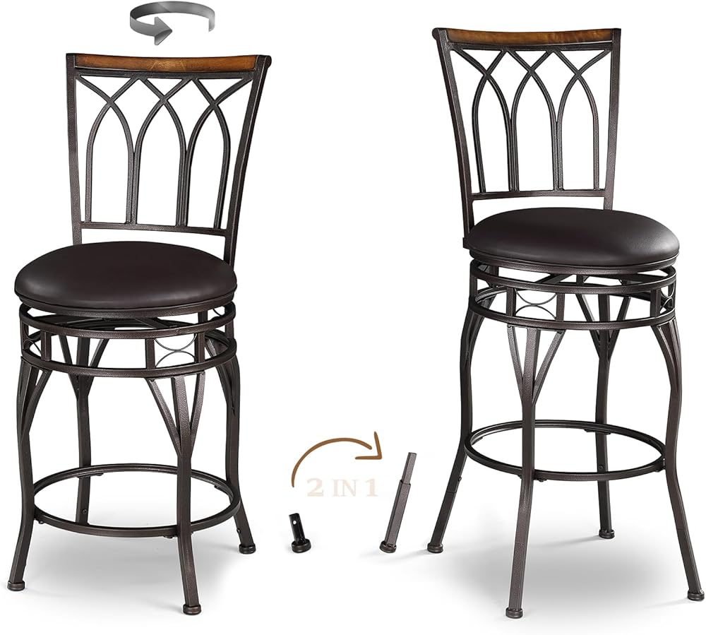 KATDANS Swivel Bar Stools Set of 2, 24/29 Inch Adjustable Seat Height Bar Stool with Back, PU Leather Kitchen Island Stools for Pub, Bistro, Restaurant, Brown Seat with Metal Base, KS902P