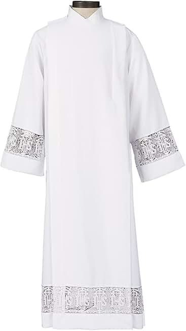 Latin Cross Front Wrap Alb Church Clergy Catholic Christian Vestment Pastor Gift, White Color, Size - Medium