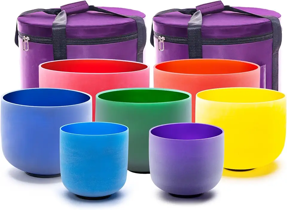 7-12 Inch Full Color Crystal Singing Bowls Set of 7 pcs for Yoga Sound Healing with 2 pcs Travel Carriers