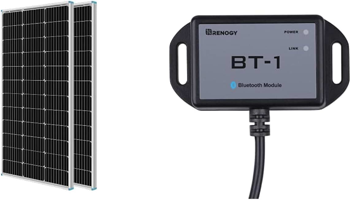RenogyRenogy 2PCS 100 Watt Solar Panels 12 Volt Monocrystalline,High-Efficiency Module PV Power Charger,2-Pack & Bluetooth Module RJ12 Communication Port Compatible Charge Controllers,BT-1 RS232Renogy