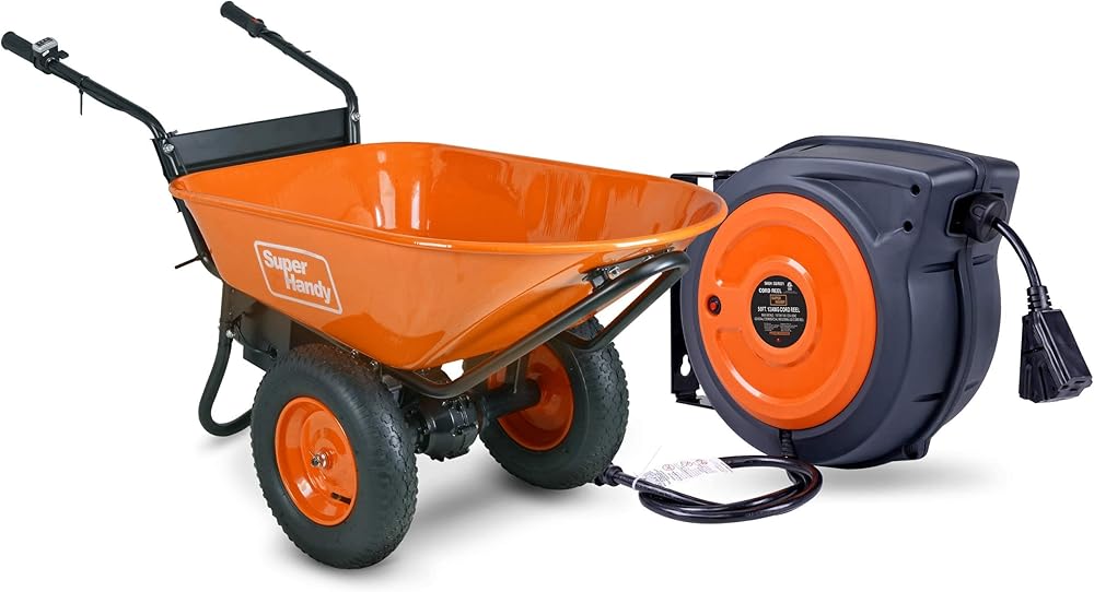 SuperHandy Wheelbarrow Electric Powered Utility Cart 48V and Extension Cord Reel 12AWG x 50 feet [Bundle Deal]