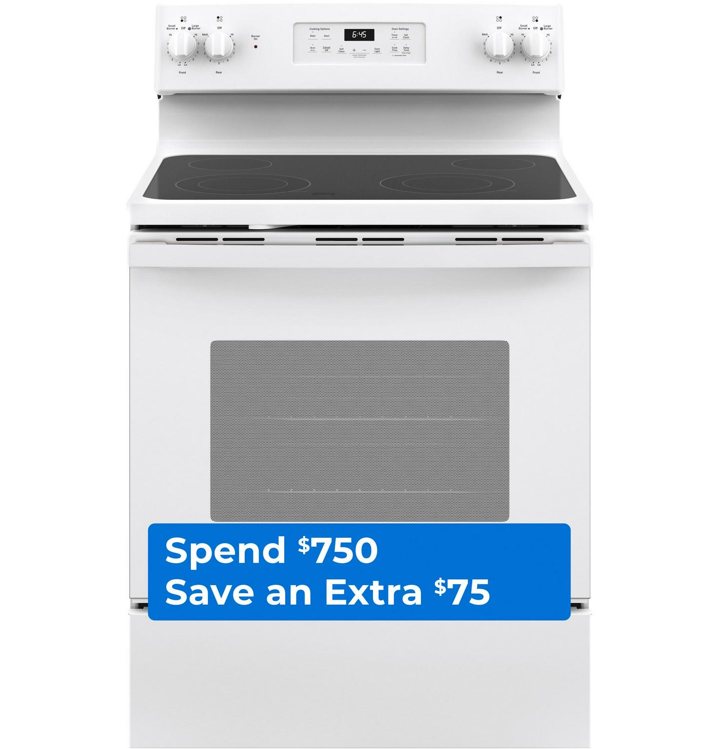 GE 30-in Glass Top 4 Burners 5.3-cu ft Self-Cleaning Freestanding Electric Range (White)