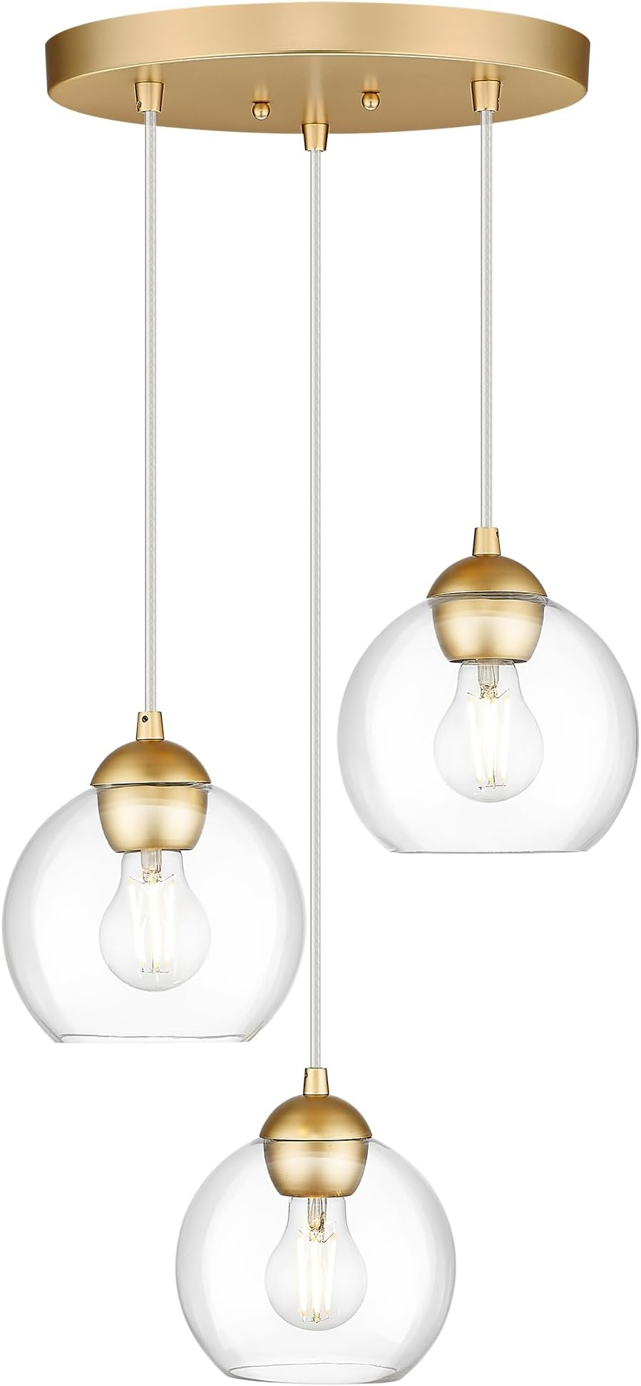 Emak 3-Light Cluster Pendant Lights Kitchen Island, Modern Gold Pendant Light Fixtures with Clear Glass Shade, 7 Inch Globe Hanging Lights for Kitchen Island, Bedroom, Bathroom, PL119-GD-CL