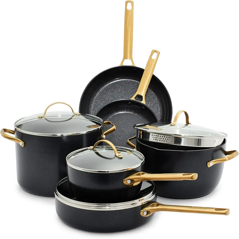 GreenPan Reserve Hard Anodized Healthy Ceramic Nonstick 10 Piece Cookware Pots and Pans Set, Gold-Tone Stainless Steel Handles, PFAS & PFOA-Free, Dishwasher Safe, Oven & Broiler Safe, Black