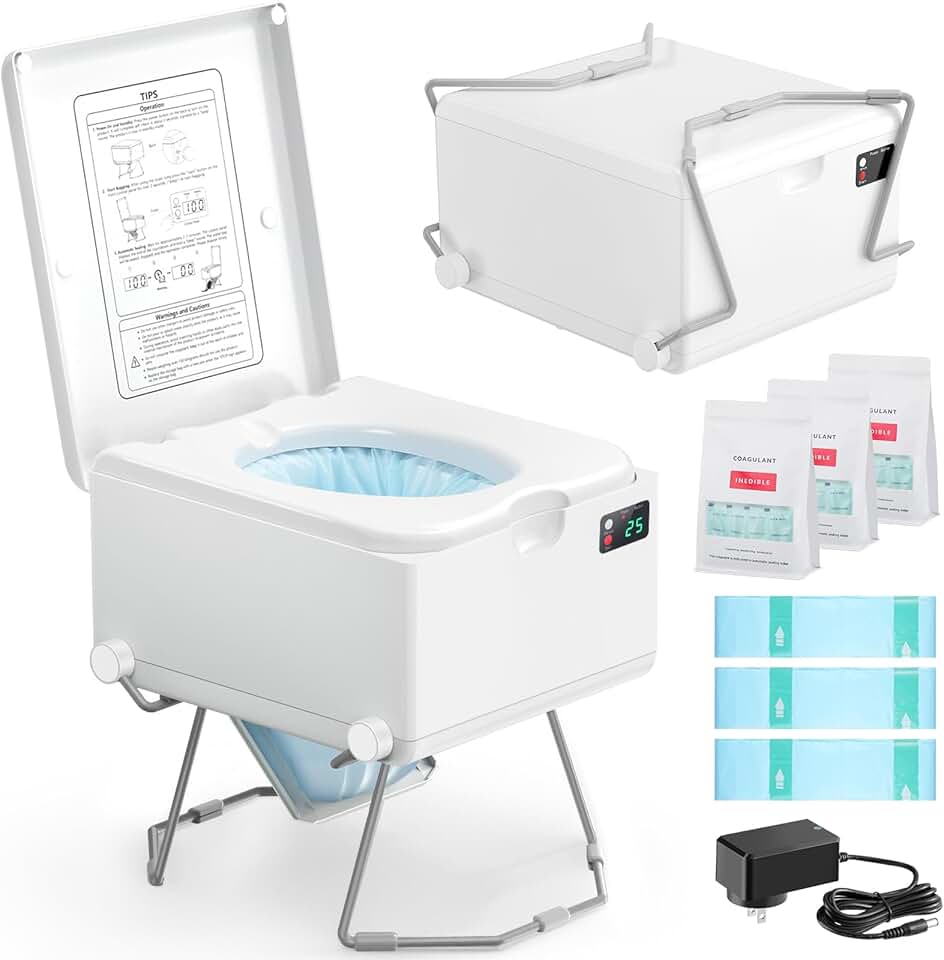 Smart Dry Flush Toilet [Odorless, One-click Automatic Waste Disposal, Self Contained] Portable Waterless Toilet for RV, Car Camping, Vans, Boats, Tiny Homes, Campsite - White