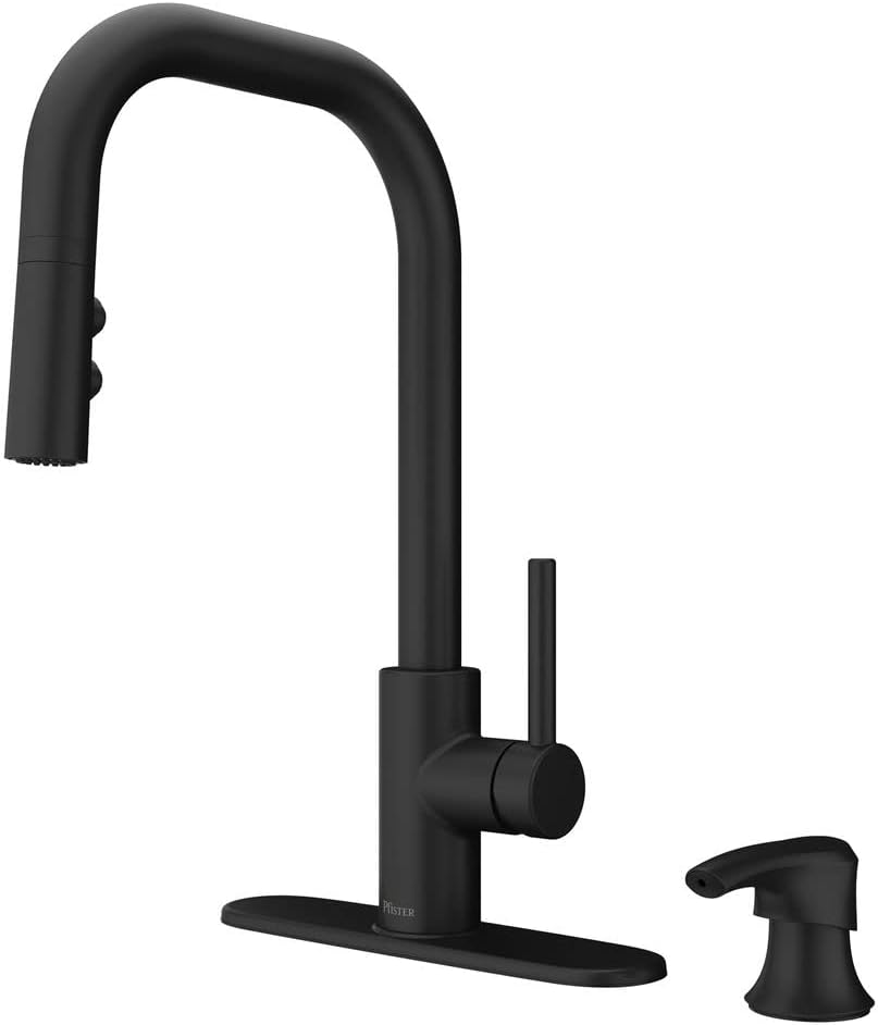 Pfister Zanna Kitchen Faucet with Pull Down Sprayer and Soap Dispenser, Single Handle, High Arc, Matte Black Finish, F5297ZNRB