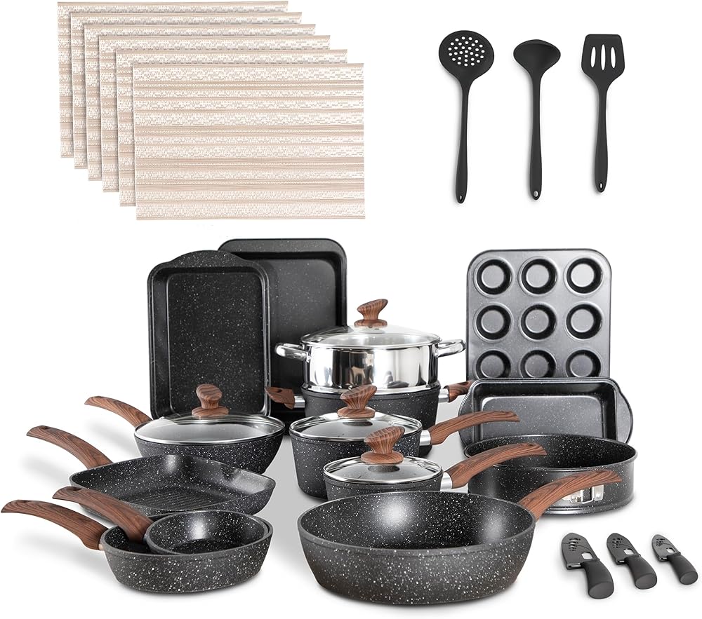 MAISON ARTS 30-Piece Pots and Pans Set - Kitchen Cookware & Bakeware Sets with Nonstick Granite Coating, Baking Pans and Frying Pans set
