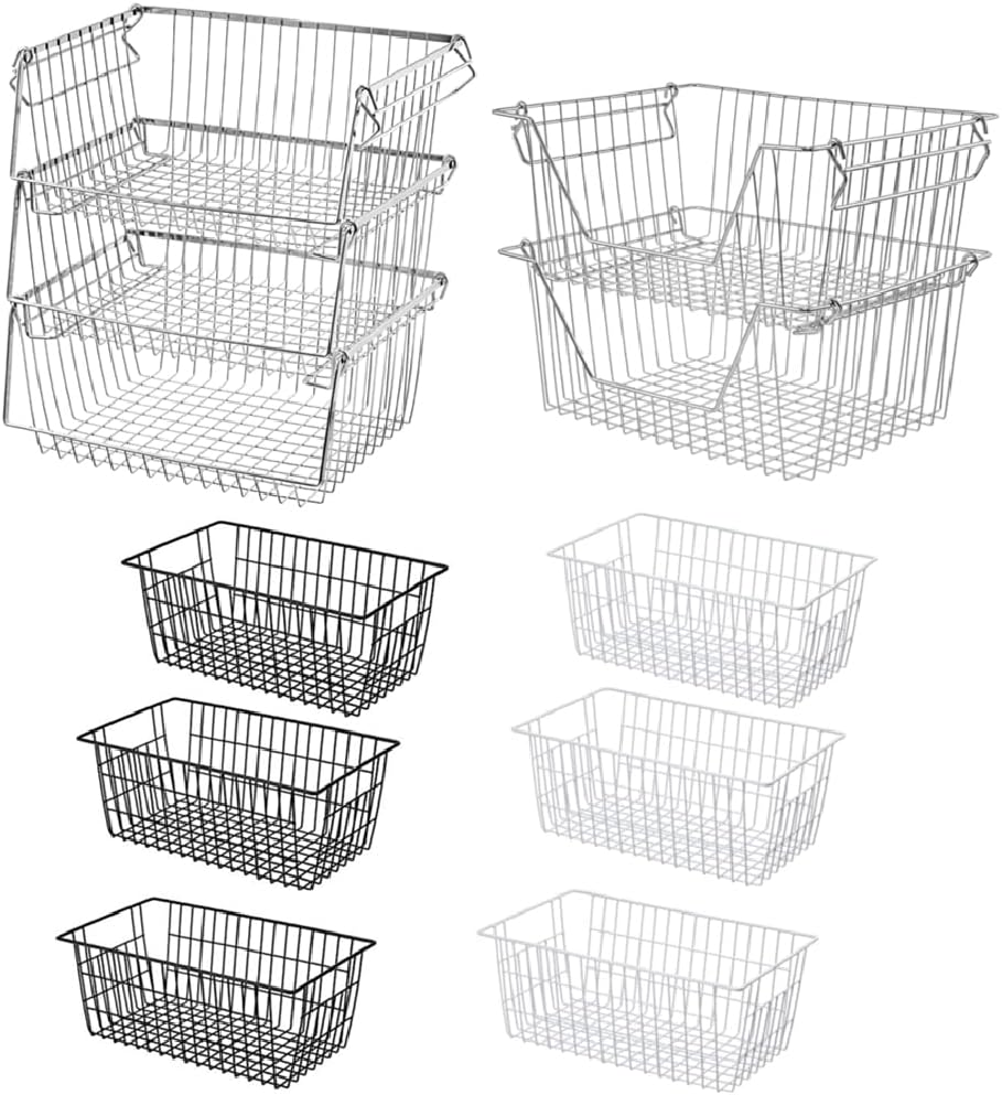 Large Bin Baskets Stacking Baskets Sturdy Metal Wire Storage Baskets for Kitchen Cabinets, Pantry, Freezer, Bathroom,Closets