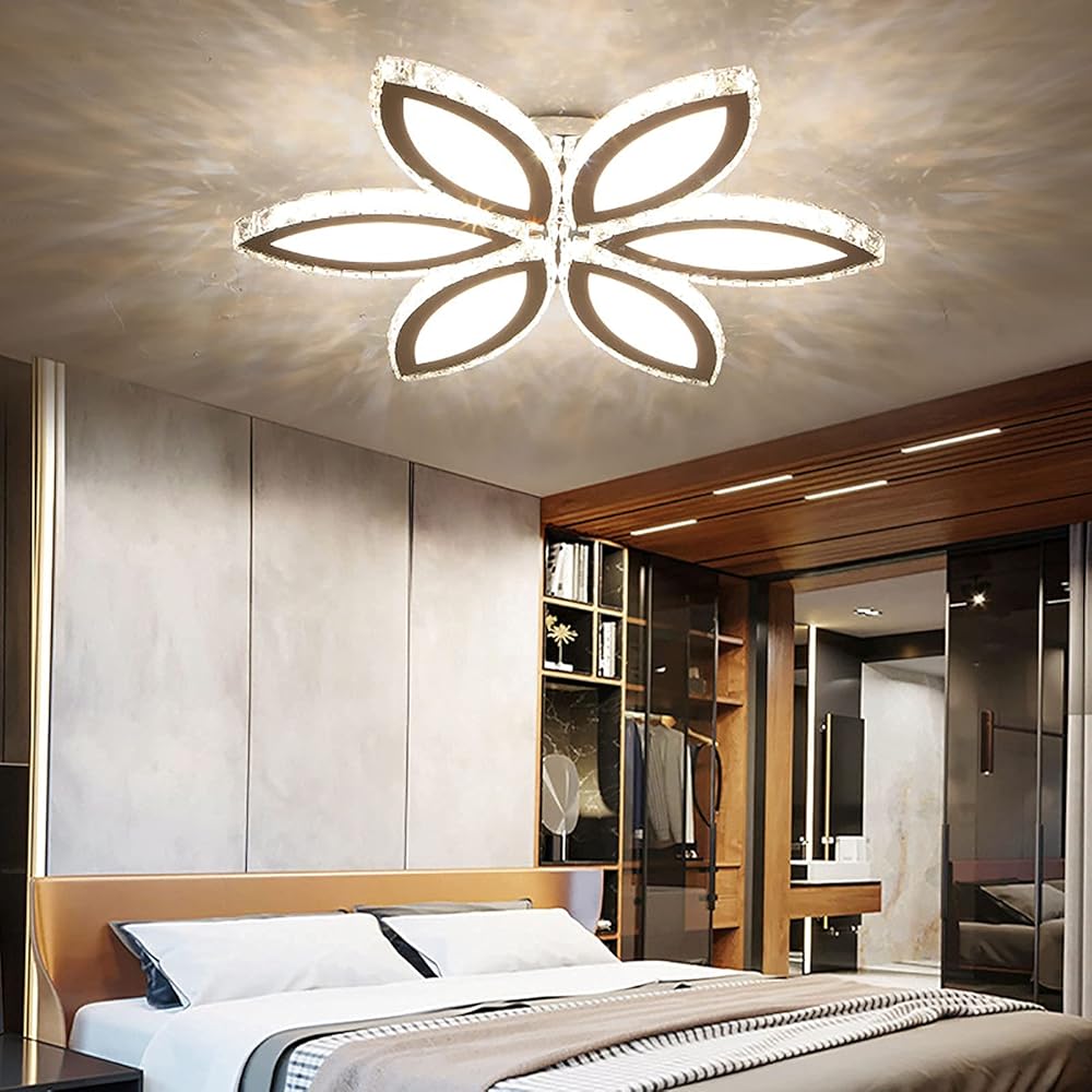 Crystal Chandeliermodern Creativity Flower Shape Crystal Chandelier Led Three-Color Dimming,Elegant Ceiling Lights Pendant Lighting for Living Room Bedroom Kitchen Bar,Three-Color Light Change
