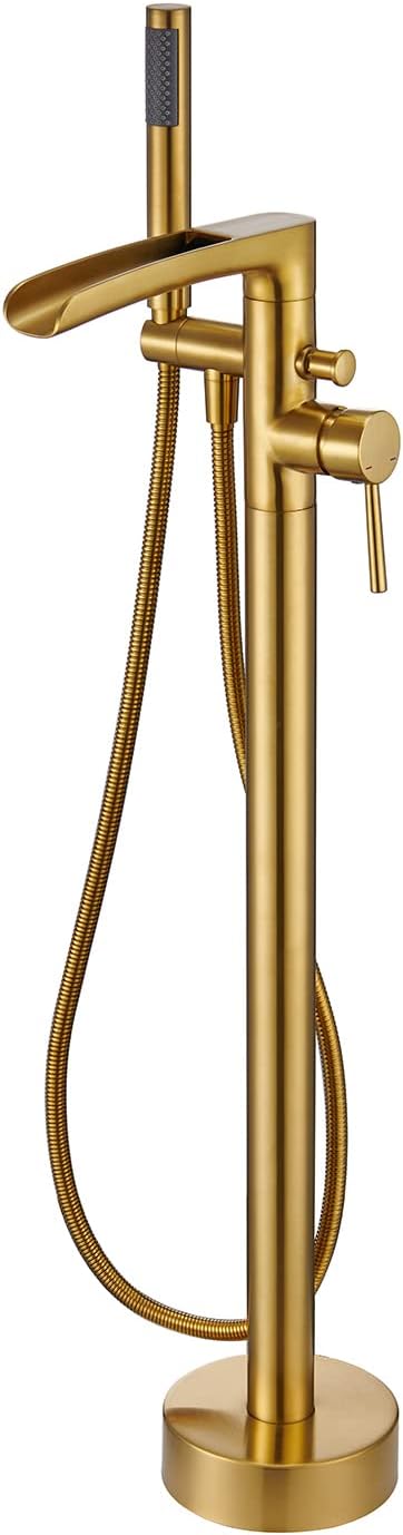 Freestanding Tub Faucet Waterfall Bathtub Filler Brushed Gold Floor Mount Brass Bathroom Faucets with Hand Shower