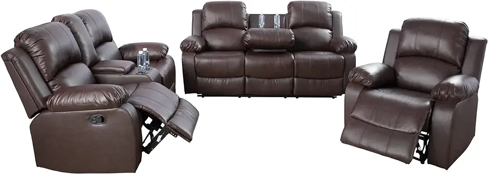 Star Home Living Exodus Reclining Sofa+Loveseat+Chair Living Room Set-PU Leather, Brown