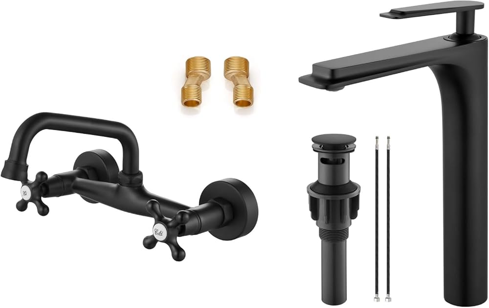 Airuida Matte Black Wall Mount Kitchen Sink Faucet for 6 Inch(15cm) Spout Reach 8 Inch Center Bowl Vessel Sink Faucet Single Handle Single Hole Bathroom Sink Faucet