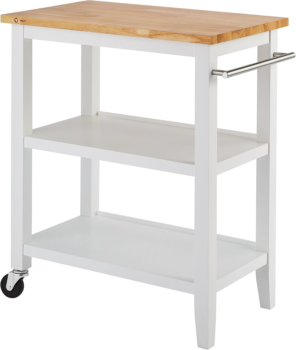 TRINITY 30-Inch Wood Kitchen Coffee Cart with Wheels, Two Shelves, and Rubberwood Work Surface for Kitchen Storage and Food Preparation, 30” W x 18” D x 35” H
