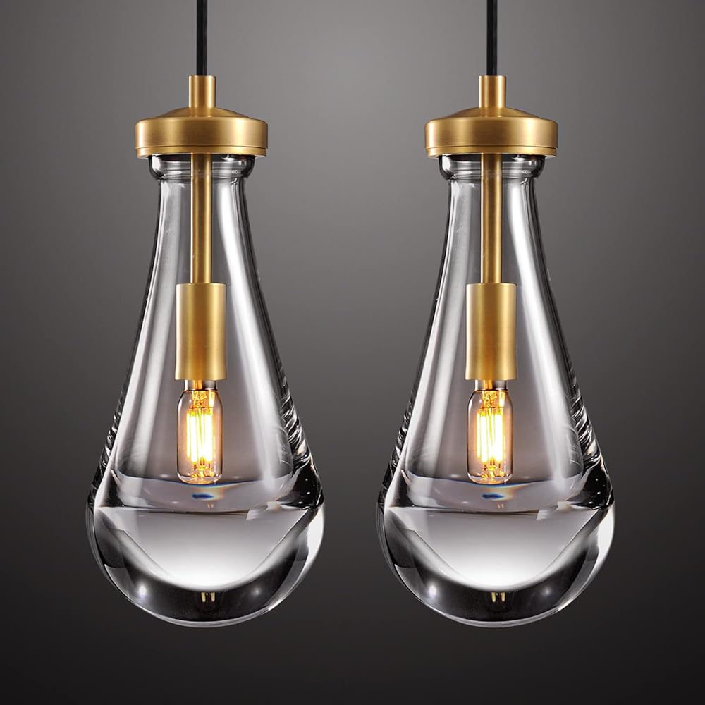Raindrop Pendant Light Fixtures Set of Two, Brass Glass Pendant Lighting, Teardrops Pendant Lights Kitchen Island, Indoor Pendant light for Kitchen Island Bedroom Bathroom, Included Bulb