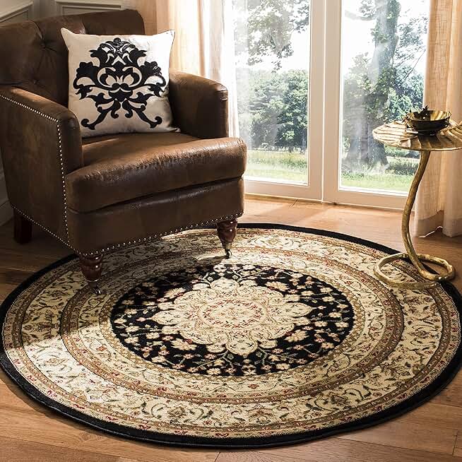 SAFAVIEH Lyndhurst Collection 8' Round Black/Ivory LNH213A Traditional Oriental Non-Shedding Dining Room Entryway Foyer Living Room Bedroom Area Rug