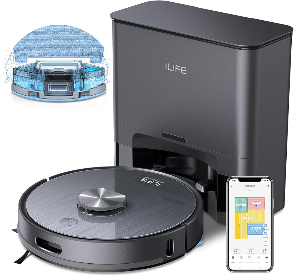 ILIFE T20s Self-Emptying Robot Vacuum and Mop Combo, 5000Pa Suction, 70-Day Capacity, LiDAR Navigation, 260mins Runtime, App/Alexa Control, Robotic Vacuum Cleaner for Hard Floors, Carpets and Pet Hair
