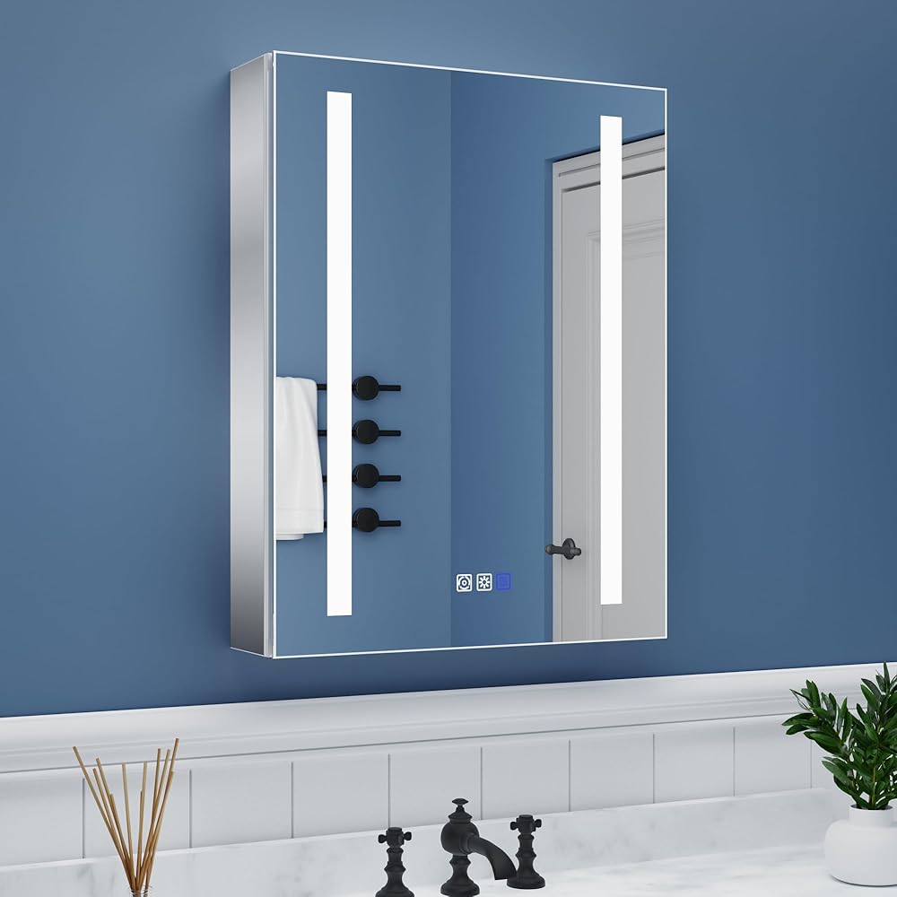 ExBrite LED Lighted Bathroom Medicine Cabinet with Mirror, 20 x 26 Inch, Recessed or Surface led Medicine Cabinet, Defog, Stepless Dimming,Color Temper Change, 2 Outlets,Storage Shelves,Right Hinge