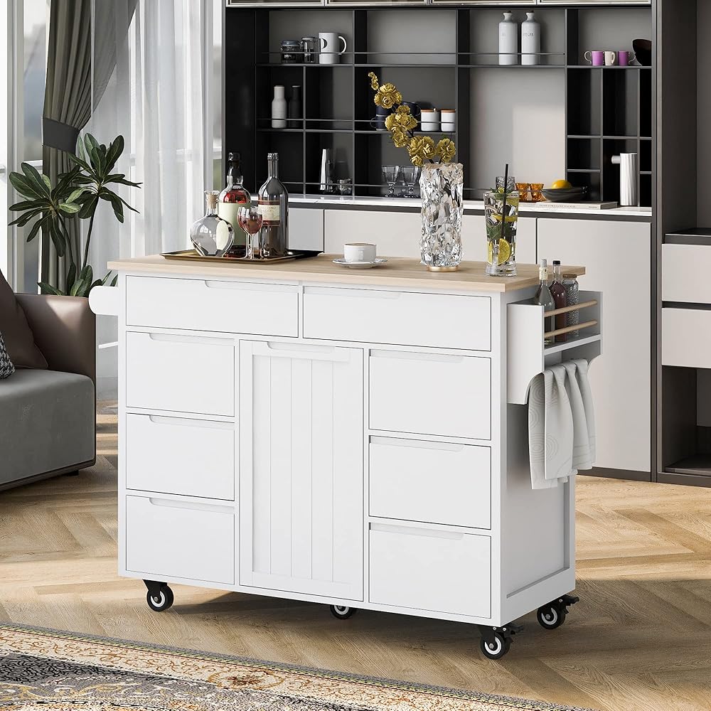 Kitchen Cart with Storage and 8 Sorting Drawers, Rubber Wood Countertop, Kitchen Island Cart on Wheels, with Flatware Organizer for Dinning Room, Home Bar, White